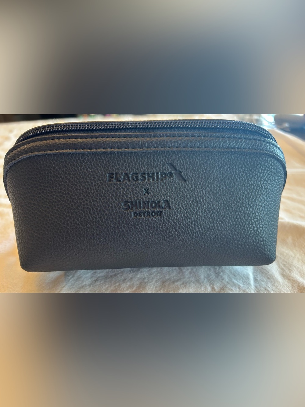 Shinola Navy Blue Leather Cosmetic Bag